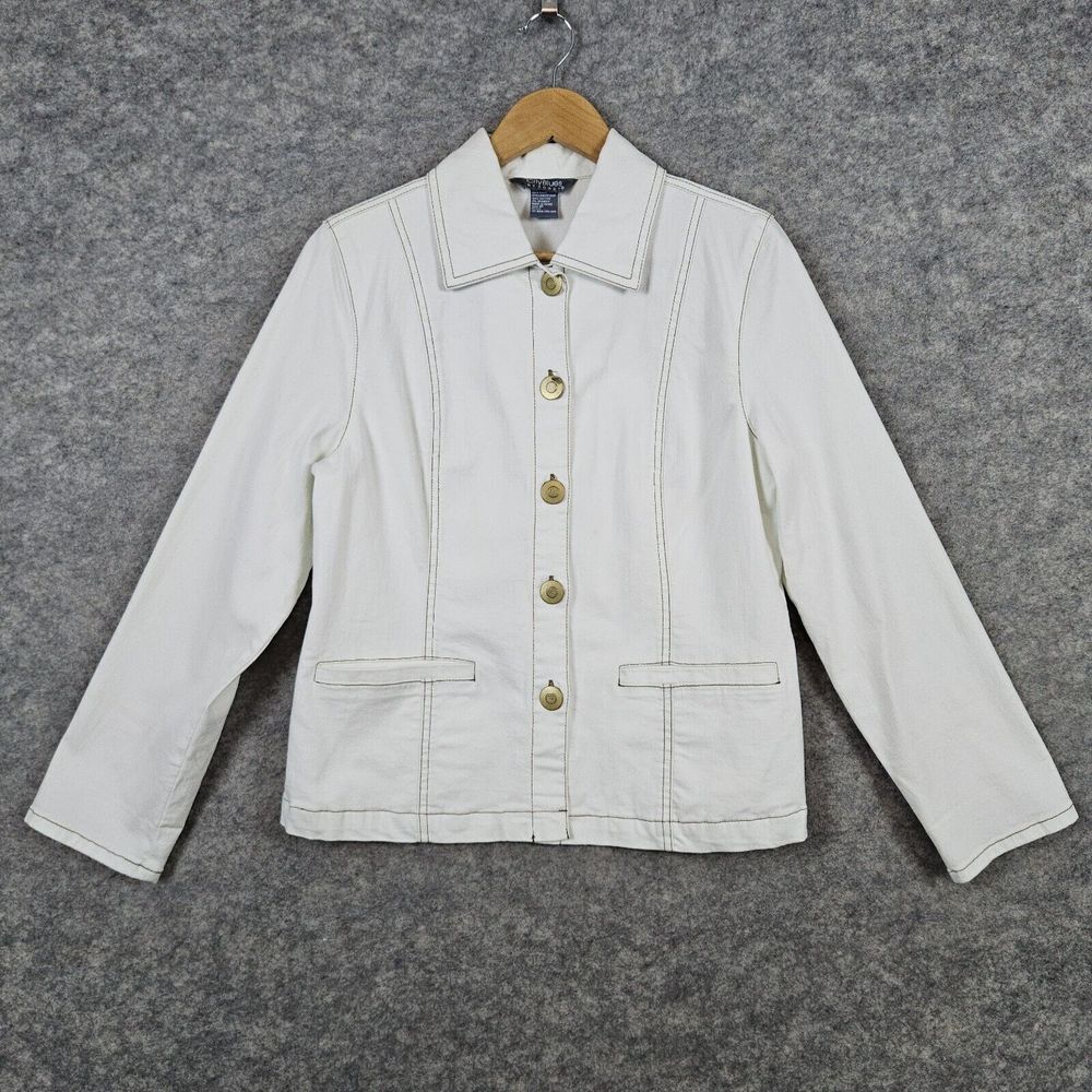 City Blues by Koret Women's White Denim Jacket Size 8P Button Front Cotton Blend